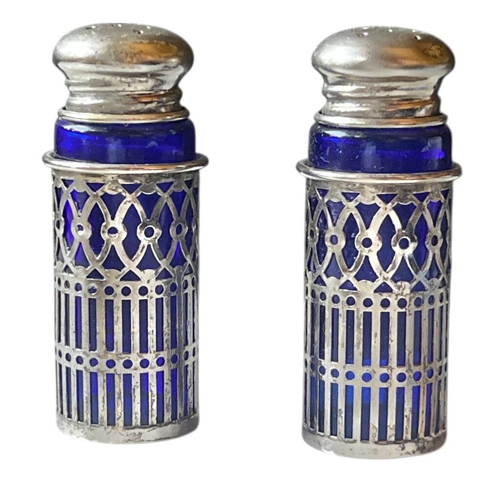 F B Rogers Silver Overlay Cobalt Blue Glass Salt & Pepper Shakers Vintage